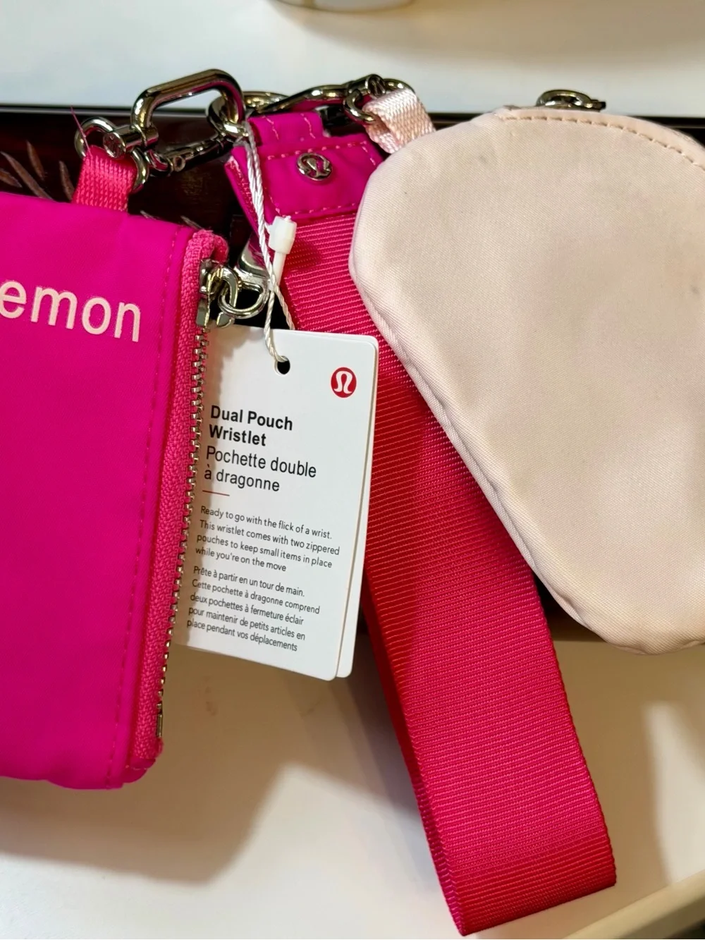 LULULEMON hot pink and cream dual pouch wristlet Keychain